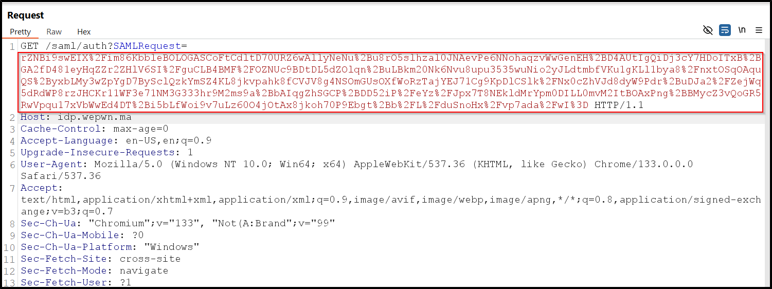 HTTP Traffic with SAMLRequest parameter showing the redirect to the Identity Provider