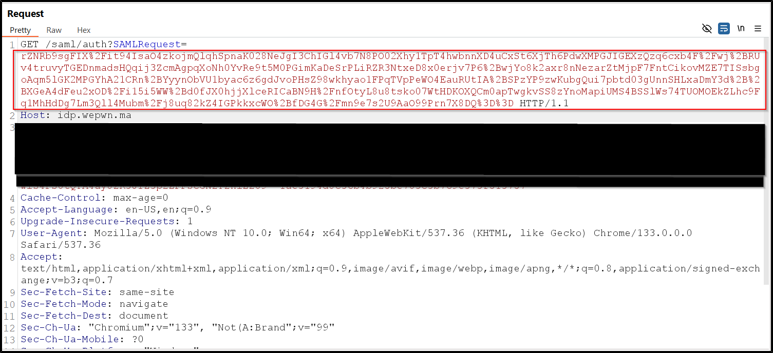 Starting SAML interaction - screenshot showing the initial authentication request