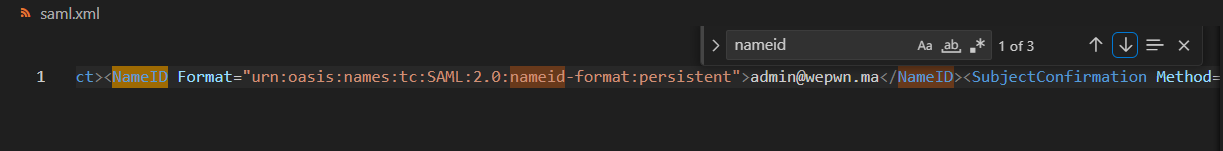 Tampering with SAMLResponse - screenshot showing the modification of the NameID field